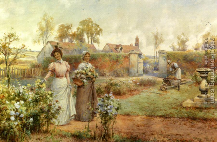 Alfred Glendening : A Lady And Her Maid Picking Chrysanthemums